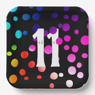 11th Birthday Rainbow Dots on Black Paper Plates