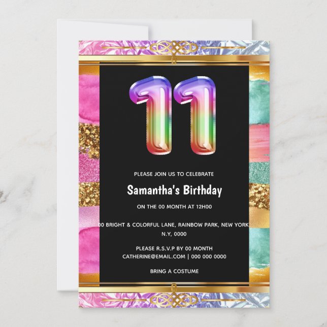 11th birthday rainbow glitter colorful party invitation (Front)