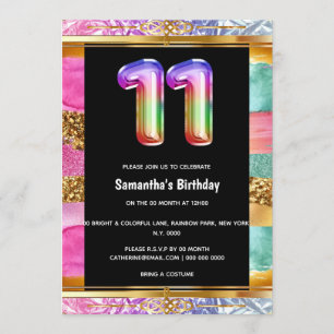 11th birthday rainbow glitter colorful party invitation