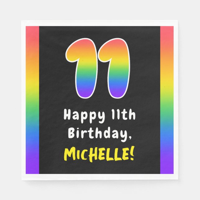 11th Birthday: Rainbow Spectrum # 11, Custom Name Napkins (Front)