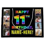 [ Thumbnail: 11th Birthday: Rainbow Text, Custom Photos & Name Gift Bag ]