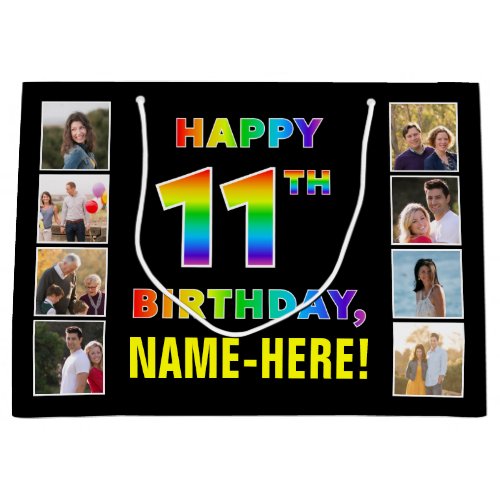 11th Birthday Rainbow Text Custom Photos  Name Large Gift Bag
