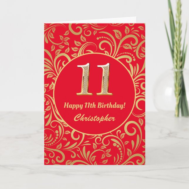 11th Birthday Red and Gold Floral Pattern Card (Front)
