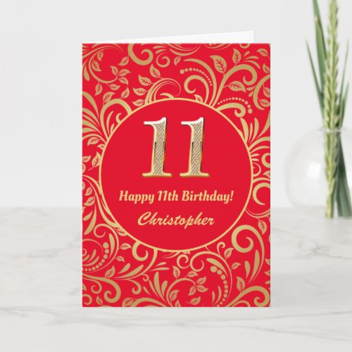 11th Birthday Red and Gold Floral Pattern Card