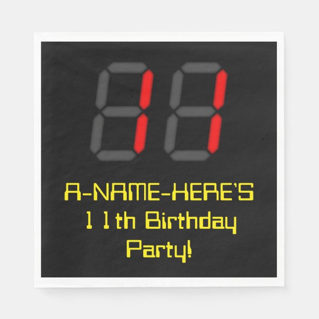 11th Birthday: Red Digital Clock Style "11" + Name Napkins (Front)