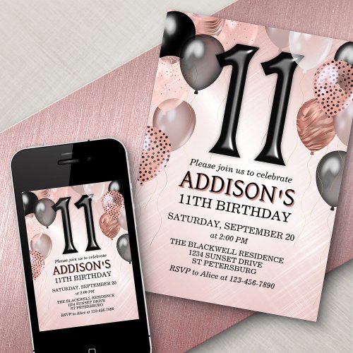 11th Birthday Rose Gold Balloons Invitation