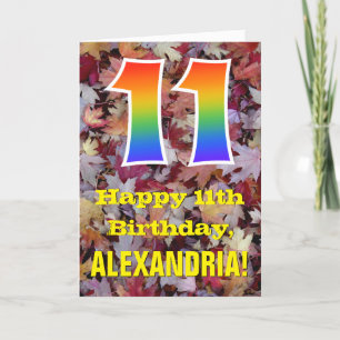 11th Birthday; Rustic Autumn Leaves; Rainbow "11" Card