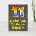 [ Thumbnail: 11th Birthday: Rustic Faux Wood Look, Rainbow "11" Card ]