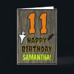 11th Birthday: Spooky Halloween Theme, Custom Name Card<br><div class="desc">The front of this scary and spooky Hallowe'en birthday themed greeting card design features a large number "11", along with the message "HAPPY BIRTHDAY, ", and a personalized name. There are also depictions of a ghost and a bat on the front. The inside features a customized birthday greeting message, or...</div>