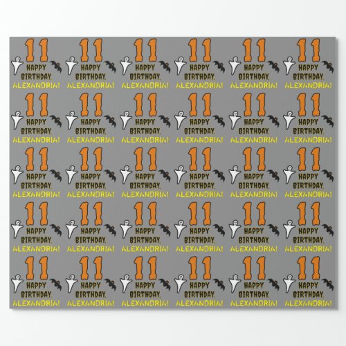 11th Birthday Spooky Halloween Theme Custom Name Wrapping Paper