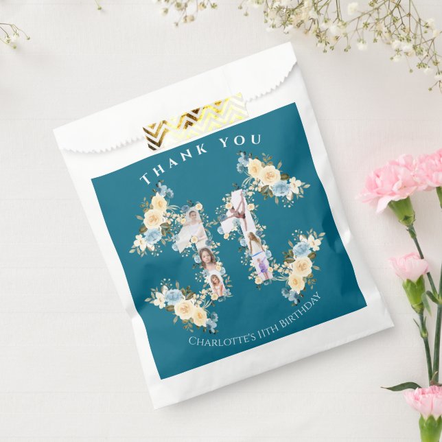 11th Birthday Teal Flower Photo Collage Yellow Favor Bag (Sealed)