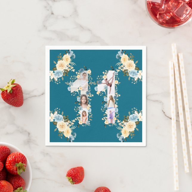 11th Birthday Teal Photo Collage Flower Yellow Napkins (Insitu)