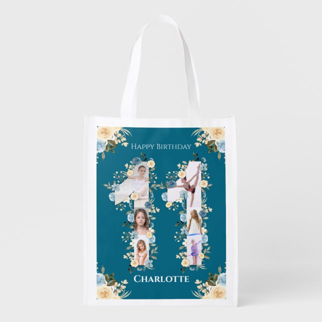 11th Birthday Teal Photo Collage Yellow Flower Grocery Bag (Front)