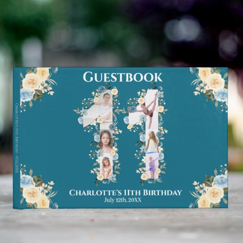 11th Birthday Teal Photo Collage Yellow Flower Guest Book