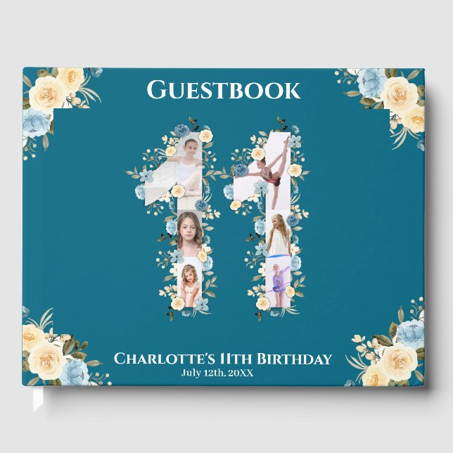11th Birthday Teal Photo Collage Yellow Flower Guest Book (Front)