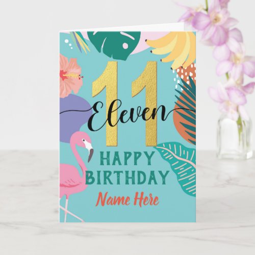 11th Birthday Tropical Pastel Floral Flamingo Name Card