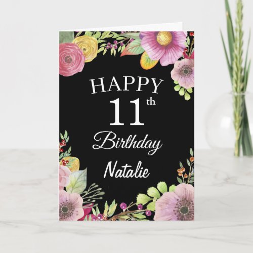 11th Birthday Watercolor Floral Flowers Black Card