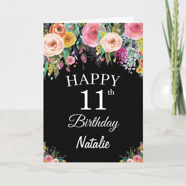 11th Birthday Watercolor Floral Flowers Black Card (Front)