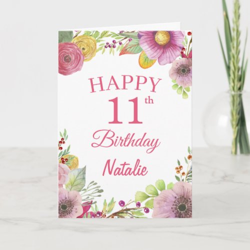11th Birthday Watercolor Floral Flowers Pink Card