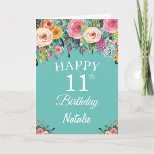 11th Birthday Watercolor Floral Flowers Teal Card