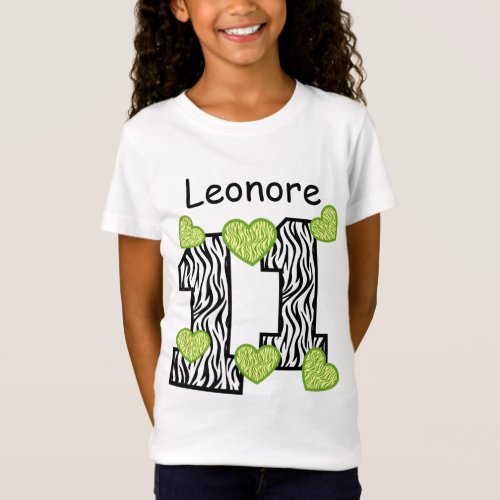 11th Birthday  Zebra Green Hearts Custom Name 4A T_Shirt