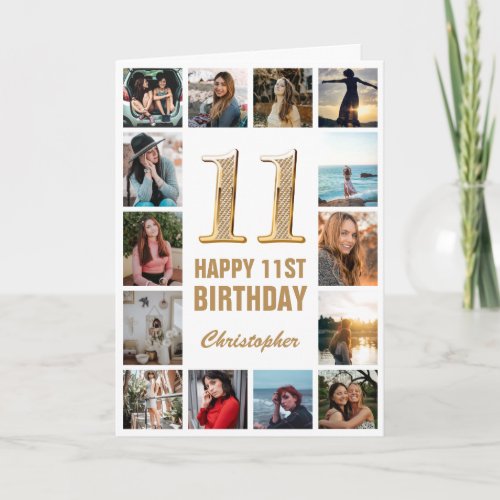 11th Happy Birthday Gold and White Photo Collage Card