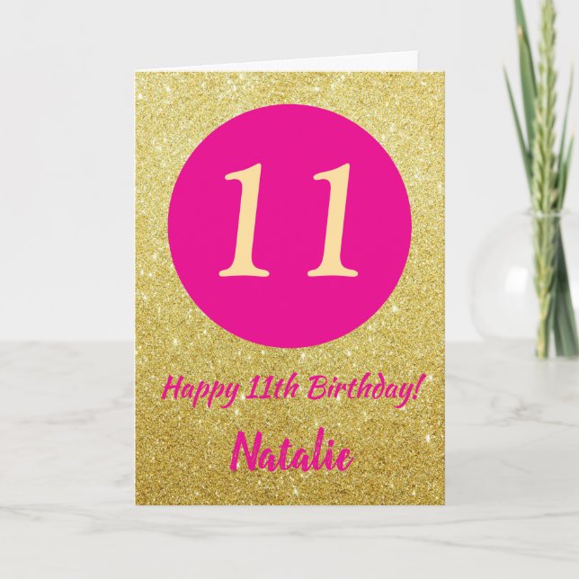 11th Happy Birthday Hot Pink and Gold Glitter Card (Front)