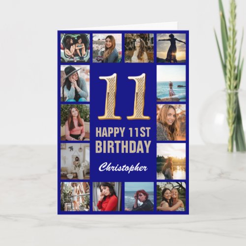 11th Happy Birthday Navy Blue  Gold Photo Collage Card