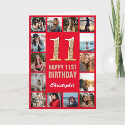 11th Happy Birthday Red and Gold Photo Collage Card