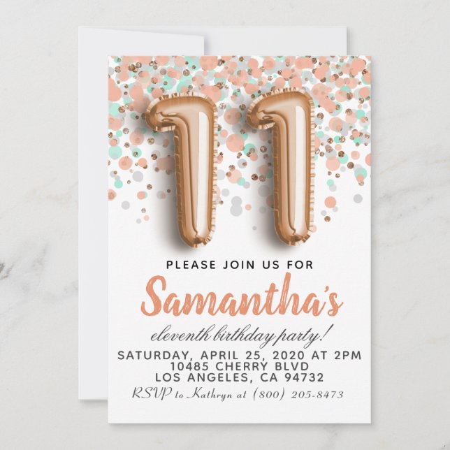 11th Rose Gold Birthday Invitation (Front)