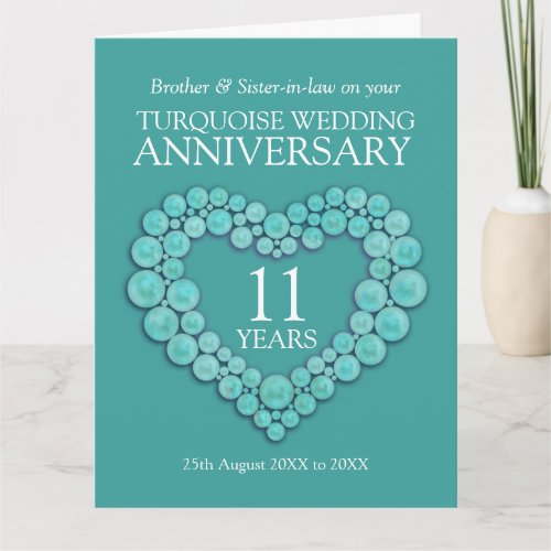 11th turquoise wedding anniversary heart card