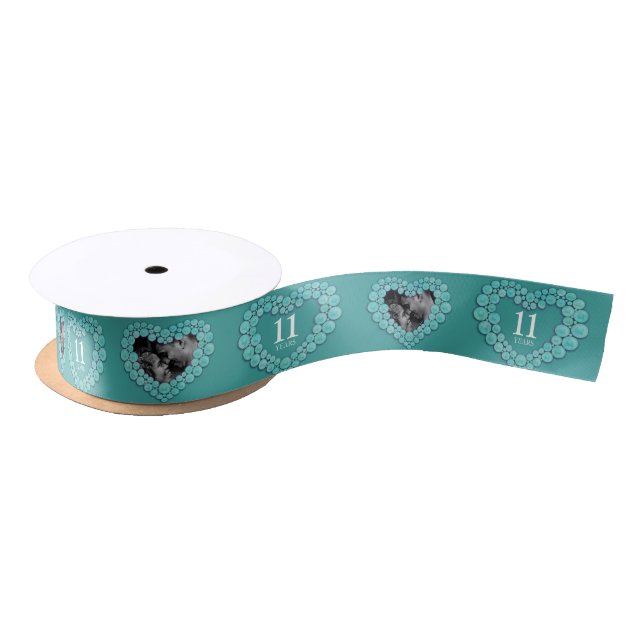 11th wedding anniversary photo heart turquoise satin ribbon (Spool)