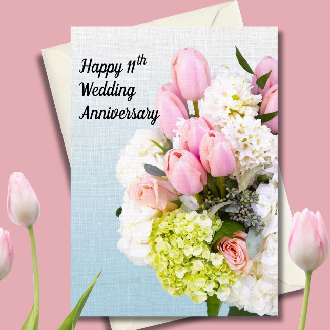 11th Wedding Anniversary Pink Tulips and Hydrangea Card (Creator Uploaded)