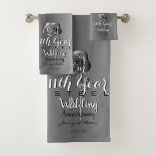 11th Wedding Anniversary Steel Rose Bath Towel Set