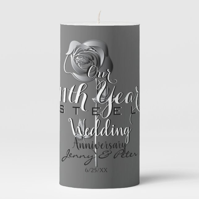 11th Wedding Anniversary Steel Rose Card Pillar Candle (Front)