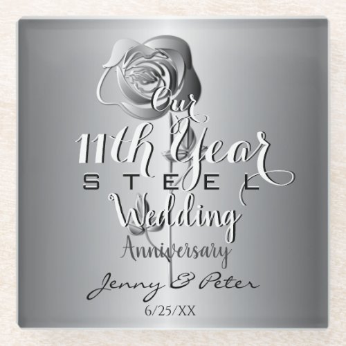 11th Wedding Anniversary Steel Rose Glass Coaster
