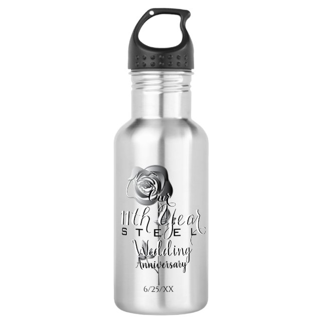 11th Wedding Anniversary Steel Rose Stainless Steel Water Bottle (Front)
