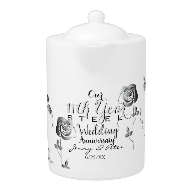 11th Wedding Anniversary Steel Roses Teapot (Front)