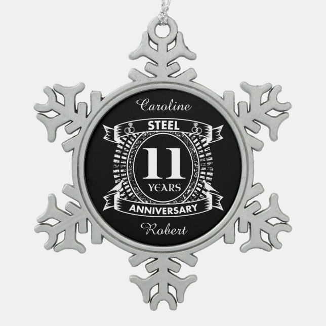 11TH wedding anniversary steel Snowflake Pewter Christmas Ornament (Front)