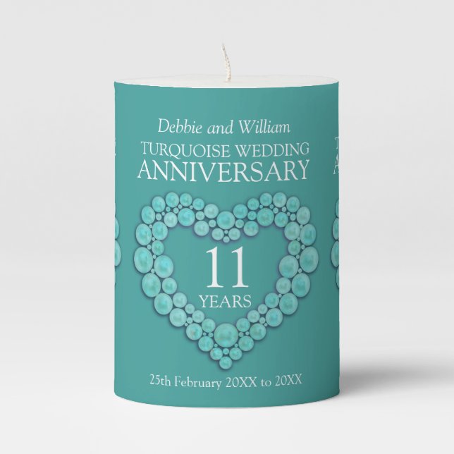 11th wedding anniversary turquoise custom name pillar candle (Front)