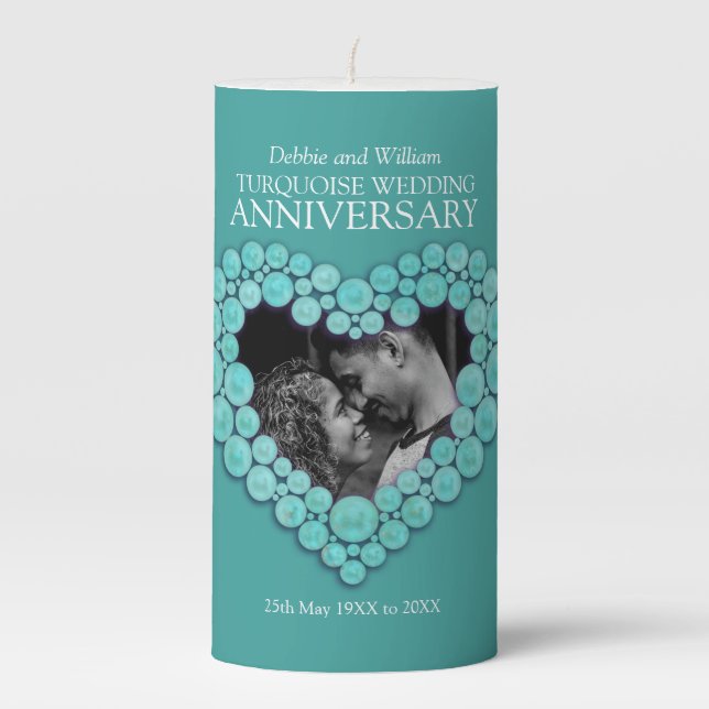 11th wedding anniversary Turquoise custom photo  Pillar Candle (Front)