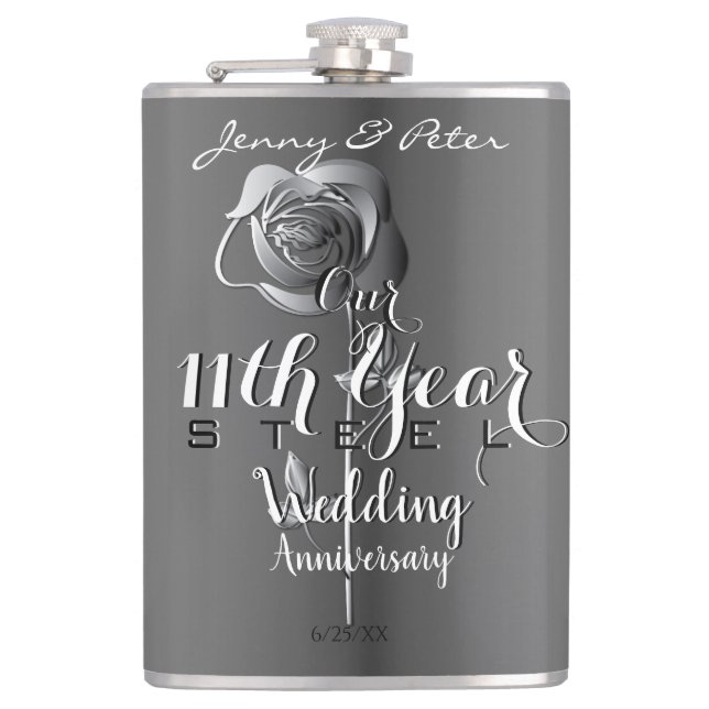 11th Wedding Anniversary w Steel Rose Flask (Front)