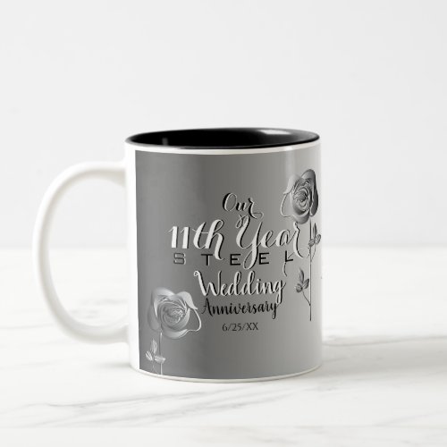 11th Wedding Anniversary with Steel Roses Two_Tone Coffee Mug