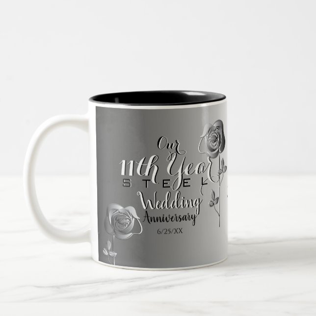 11th Wedding Anniversary with Steel Roses Two-Tone Coffee Mug (Left)