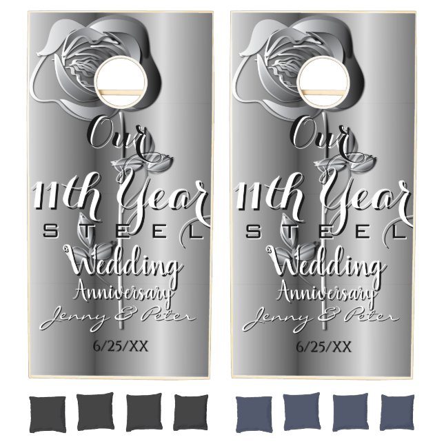 11th Year Wedding Anniversary Steel Rose Cornhole Set (Set)