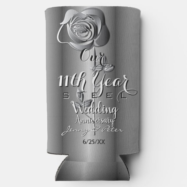 11th Year Wedding Anniversary Steel Rose Seltzer Can Cooler (Back)