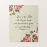 11x14 Proverbs 3:5 Scripture w/pink roses Jigsaw Puzzle<br><div class="desc">Proverbs 3:5 
"Trust in the Lord with all your heart;
And depend not on your own understanding."

Puzzle included a border on diagonal sides of pinkish red roses.</div>