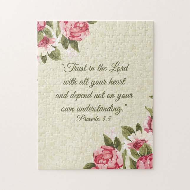 11x14 Proverbs 3:5 Scripture w/pink roses Jigsaw Puzzle (Vertical)
