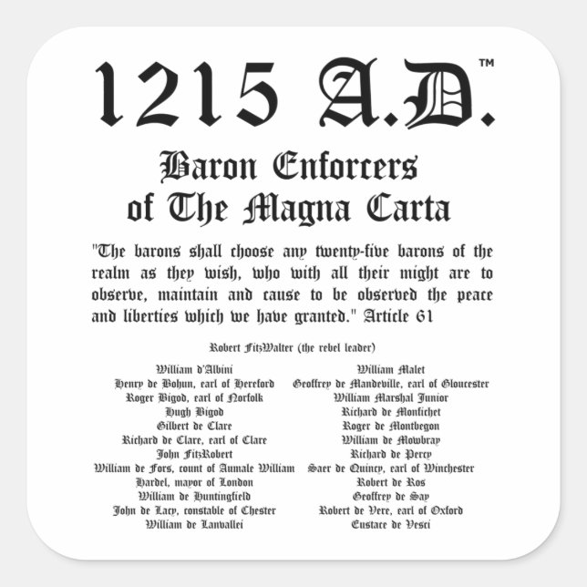 1215 A.D.™ The Magna Carta Article 61 Stickers (Front)