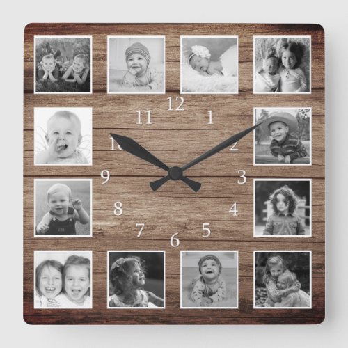 12 Black And White Photo Collage Farmhouse Wood Square Wall Clock